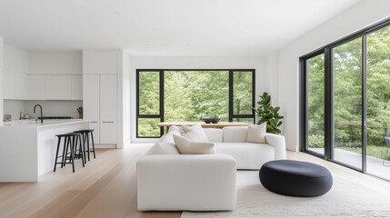 Modern Living Room Interior: A light-filled living room with sleek, contemporary design, featuring a comfortable sofa, large windows offering lush green outdoor views, and minimalist decor.
