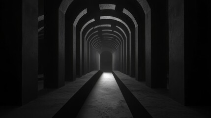 Fototapeta premium Dark corridor with arches leading to a distant light source