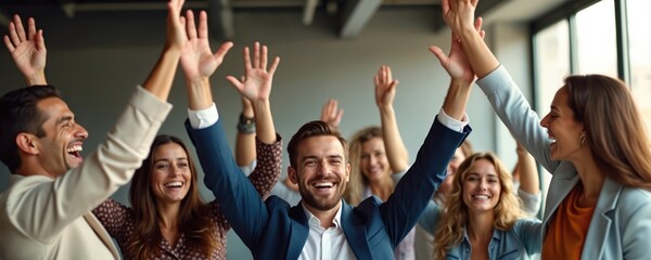 Diverse cheerful business team raises hands in modern office celebrating corporate success. Young businesspeople group achieve goals, teamwork, partnership. Successful smiling entrepreneurs celebrate
