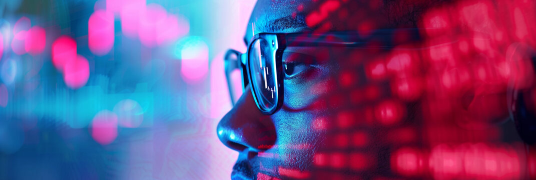 AI cyber security threat illustration, black african american man working in computer monitor lab, IT specialist, artificial intelligence in hacking coding & online security