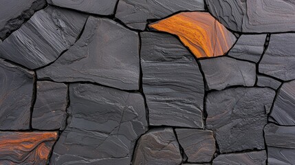 Textured Black Slate Rock Wall with Natural Patterns and Warm Orange Accents