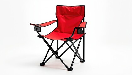 Red folding camp chair isolated on transparent background. Portable seat furniture, lightweight, foldable. Black metal frame, convenient for outdoor recreation, camping, picnic, hiking traveling.