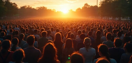 Crowd of people in field during sunset, concept of world population day. Large group gathers, community, society, urbanization, civilization, diversity, global unity. Music festival show concept.