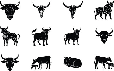 Naklejka premium Bull, Cow, Calf, Skull, Zodiac, Taurus, Silhouette, Icons, Vector, Graphics