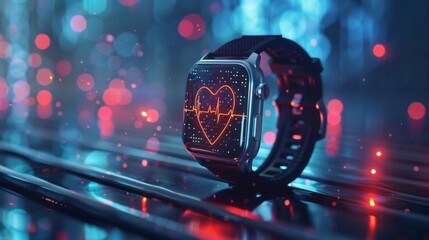 Sleek smartwatch showcases a vibrant heart rate monitor against a backdrop of mesmerizing bokeh lights in a contemporary environment, highlighting its advanced health features.