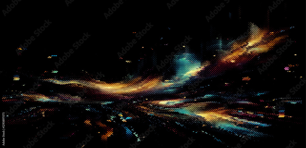 Poster Pixelated vector illustration with a dynamic flow of vibrant squares on a black background. The abstract pattern creates a lively, digital atmosphere, ideal for modern and energetic visual themes.