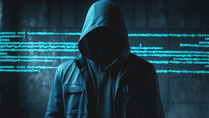 A mysterious figure wearing a hooded jacket stands in a dark, shadowy environment. The background is a neon blue light,dimly lit, textured wall, emphasizing a cyberpunk, underground hacker aesthetic