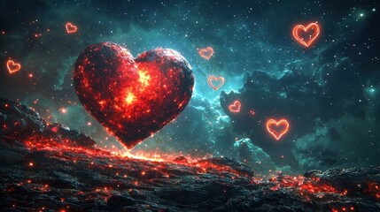 Valentine concept A cosmic scene featuring glowing hearts amidst a starry, dark sky.