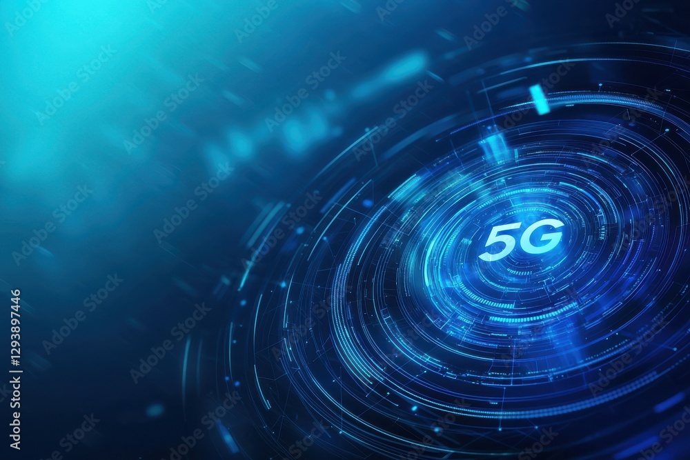 Poster a dynamic digital representation of 5g technology, showcasing circular patterns and vibrant blue ton