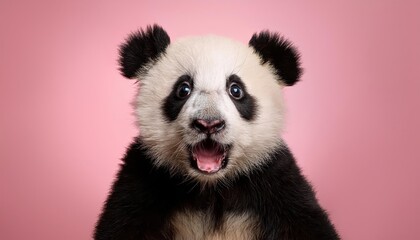 Naklejka premium Cute and Surprised Shocked Panda Isolated on Pink Background Adorable Animal Expression Brings a Touch of Whimsy and Humor to Any Space, Perfect for Digital Art, Home Decor, or Design