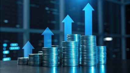 Financial Growth: Stacked coins and upward-pointing arrows visually represent the increase in financial resources, conveying a concept of economic progress and investment returns.
