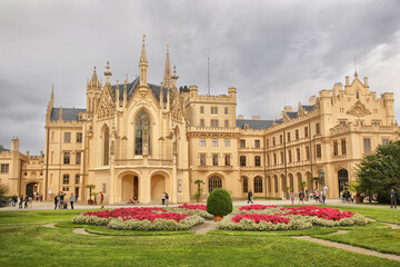 Fototapeta premium Lednice, Czech Republic Beautiful view of Lednice Castle, built in neo-Gothic, Tudor Gothic style, Lednice and Valtice area, South Moravia. Listed as UNESCO World heritage.