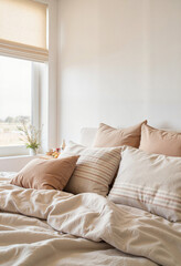 Cozy bedroom with soft linen bedding and natural light, serenity