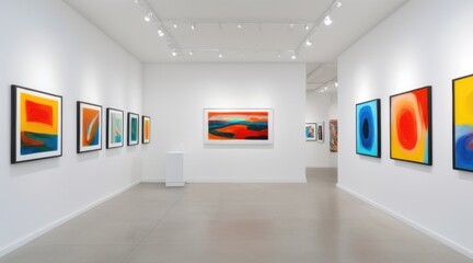 Modern Art Gallery Interior with Vibrant Abstract Paintings
