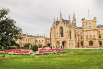 Fototapeta premium Lednice, Czech Republic. Beautiful view of Lednice Castle, built in neo-Gothic, Tudor Gothic style, Lednice and Valtice area, South Moravia. Listed as UNESCO World heritage.