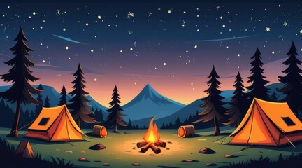 Night Camping Scene Pixel Art Orange Tents, Campfire, Starry Sky, Mountains
