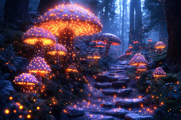 Enchanting mystical forest pathway illuminated by vibrant magical glowing mushrooms bioluminescent fungi and misty moonlit atmosphere illustration