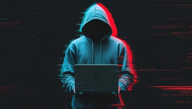 Hacker in black hoodie with mysterious shadowed face, on glow digital background with red and blue glitch effect