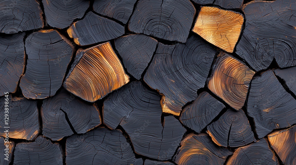 Poster close-up view of charred wood logs with distinct grain patterns and texture details