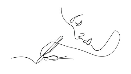 A minimalist line drawing depicts a woman intently writing in a notebook with a pen. Her focused expression and the singleline style create an elegant and artistic image.