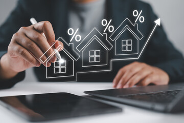 Interest rate and mortgage loan concept, Businessman analyze interests rate house increase trend...