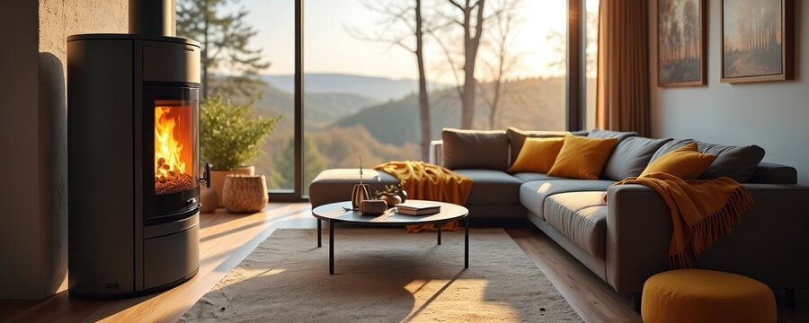 Modern living room interior with pellet stove, burning pellets, corner sofa with decorative pillows, big window with nature landscape. Heating house with renewable eco energy provides cozy warm
