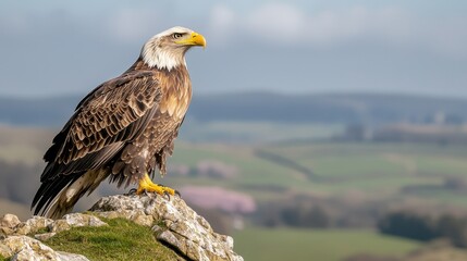 A majestic eagle perched on a rocky outcrop, surveying the lush landscape beneath it, showcasing the beauty of nature.