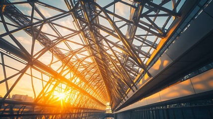 Fototapeta premium Modern Structure with Metal Beams and Sunset Light Architecture