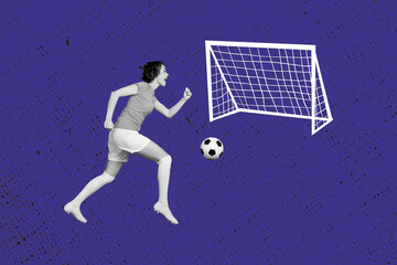 Contemporary art banner collage of happy football goalkeeper girl run ball net field gambling game player sport competition © deagreez