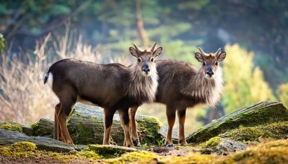 Rare Encounter Siberian Musk Deers Amidst a Winter Wonderland, Capturing the Tranquil Mood of an Arctic Landscape with Frosty Trees and Snowy Backsdrop.