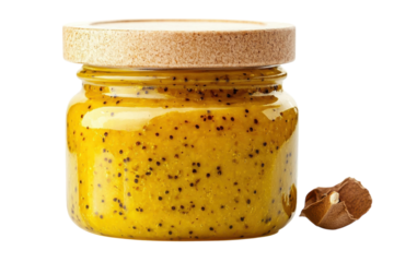 Small Jar of Mustard with Classic Label and Twist-Top Lid: Isolated on Transparent Background