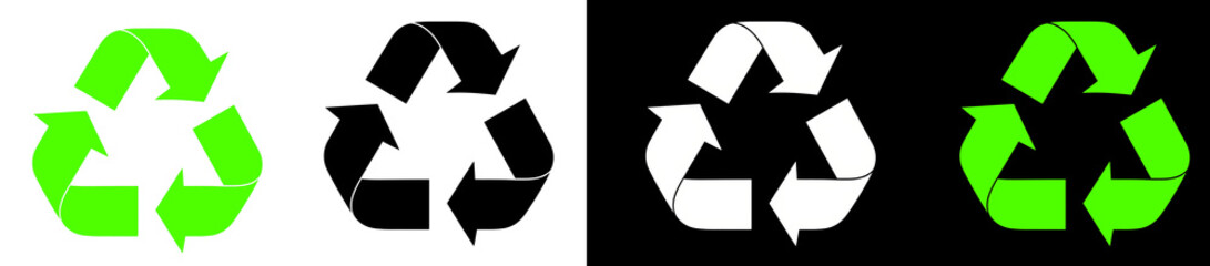 Four Recycling Symbols, Black White Green, isolated background, recycle Mobius Loop