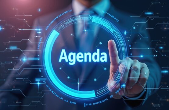 Businessman touches virtual screen with agenda app. Modern business tech concept. Digital project management solutions on hi-tech interface. Man push button, access personal planning with calendar