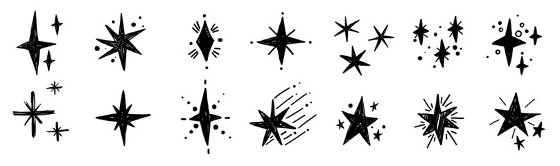 Chalk crayon star doodle sketch set. Hand drawn blinking spark doodle sketch scribble decorative scrapbook flare glare light vector illustrations © Alina Nikitaeva