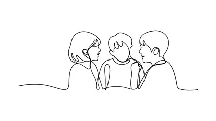 OneLine Drawing Three Children Communicating, Friends, Unity, Childhood, Togetherness