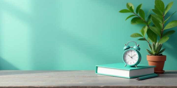 A serene workspace featuring a teal alarm clock resting on a closed book, accompanied by a potted succulent and vibrant green plant against a calming aqua backdrop.