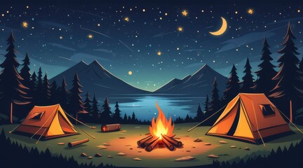 Tranquil Night Camping Scene Pixel Art Lake and Mountain Landscape