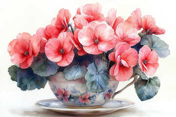 an elegant watercolor composition with a blooming begonia in a beautiful porcelain cup. 