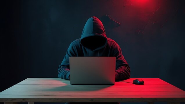 Mysterious hacker is dressed in a dark hooded sweatshirt, typing on laptop with bright red neon light