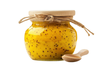 Mini Mustard Jar with Bold Branding and Yellow Tint: Isolated on Transparent Background