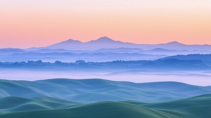 Misty Green Hills and Distant Blue Mountains, Warm Pink Sunrise with Rolling Valleys, Serene Foggy Landscape and Majestic Horizon Glow, Natural Scenic Beauty and Tranquil Dawn View