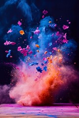 colorful powder explosion, with the colors being pink, blue, and orange, Holi festival