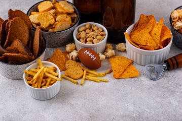 Beer and different snacks for Superbowl or football party