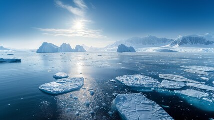 Icy Arctic Waters and Floating Icebergs, Blue Horizon with Snow-Covered Peaks, Serene Polar Landscape and Clear Sky Glow, Stunning Frozen Beauty and Vast Wilderness Scene