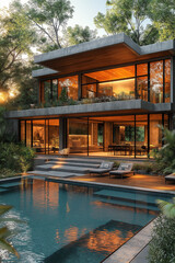 Obraz premium Photographie immobilière d'une façade moderne de villa contemporaine avec une architecture géométrique épurée, grandes baies vitrées, escaliers et dalles de pierres dans le jardin. Rendu 3D, HDR