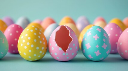 A colorful array of decorative Easter eggs, featuring polka dots and patterns, with one egg cracked open, revealing its inner color against a pastel backdrop.