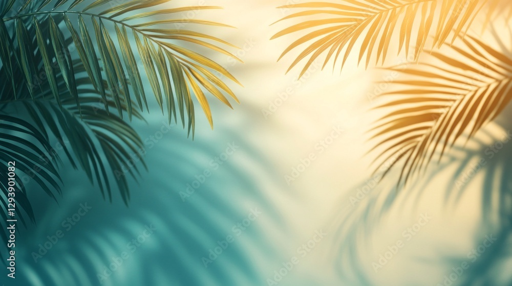 Poster delicate palm leaves arch gracefully against a softly illuminated backdrop, casting playful shadows 