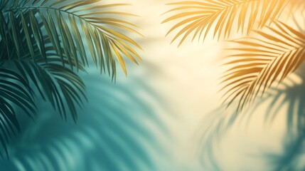 Delicate palm leaves arch gracefully against a softly illuminated backdrop, casting playful shadows that evoke a tranquil tropical atmosphere