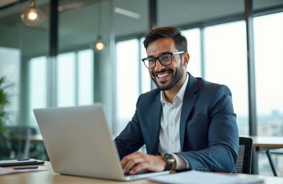 Young successful Arab businessman works in modern office with laptop, smiles to camera. Boss types on computer keyboard. Happy handsome employee wearing glasses, suit. Leader posing. Positive