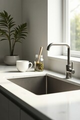 Modern kitchen countertop with integrated sink, a minimalist mug, and a spice jar